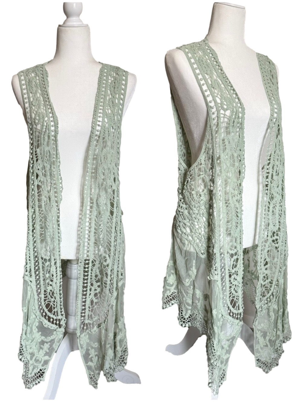 Ultra Flirt Mint Green Crochet Lace Long Open Front Vest Cardigan Size XS/S/M
